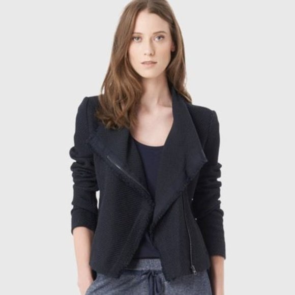 Vince Tweed Jacket with Frayed Edge, Asymmetrical Zip Cotton Blend - Picture 2 of 7